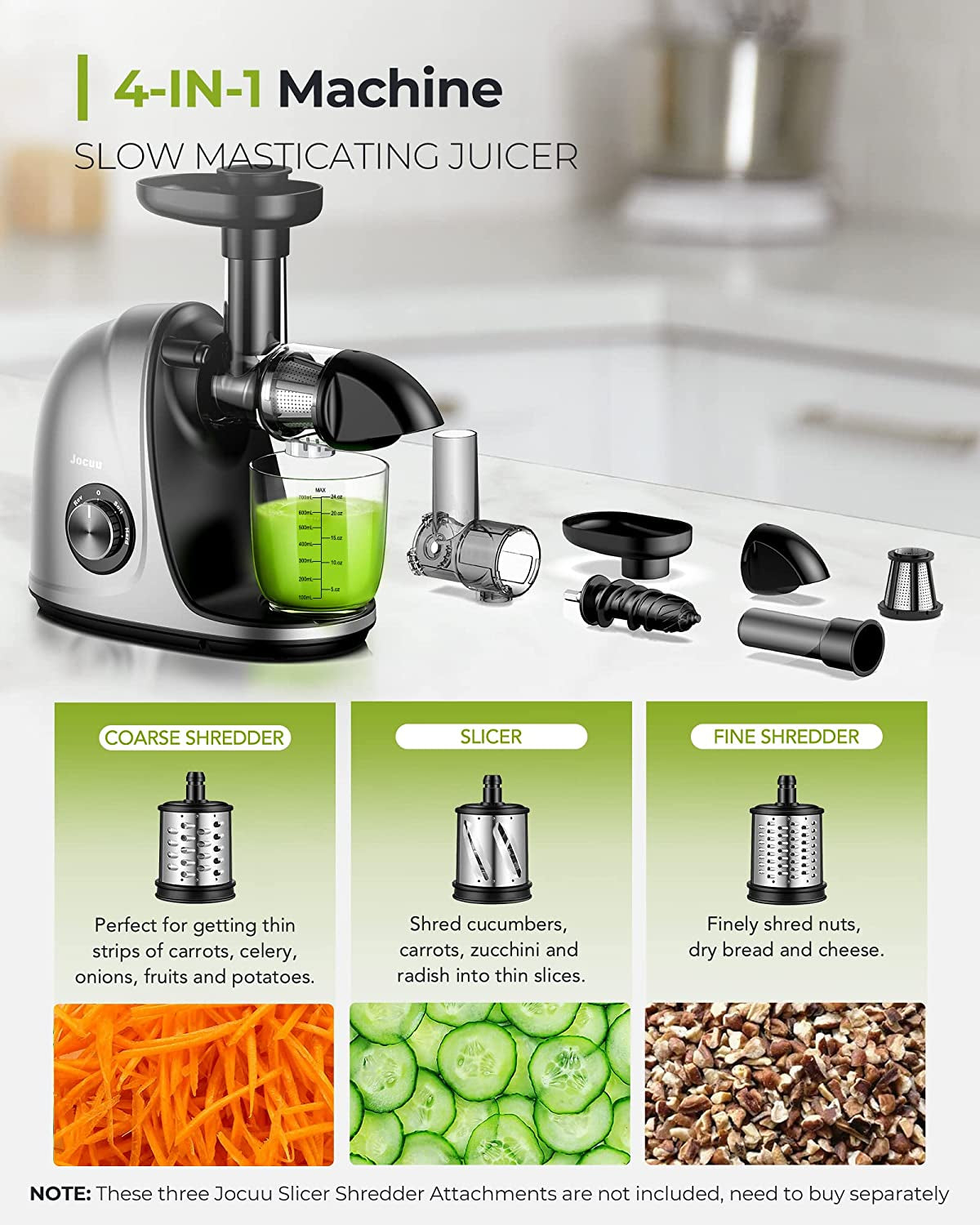 Jocuu Slow Masticating Juicer - High Juice Yield, Easy to Clean, Quiet Operation, with Soft & Hard Modes, Includes Brush & Recipes (Grey)