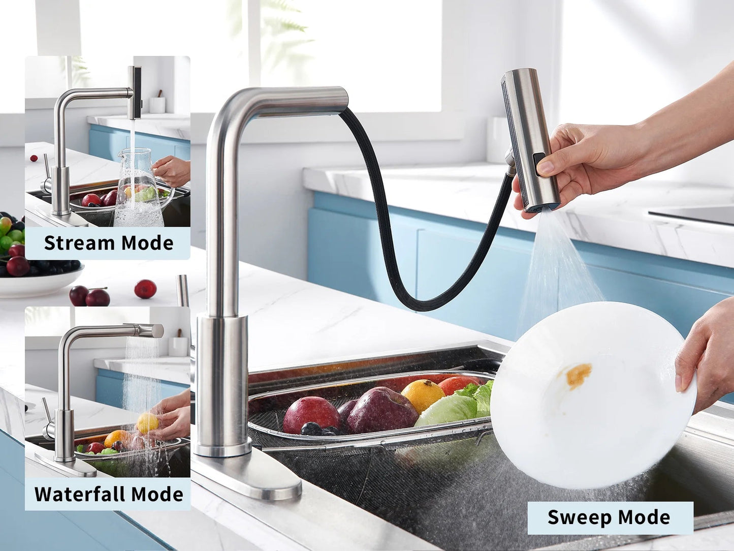 Stylish Waterfall Faucet with Pull Down Sprayer and Three Function Modes for Enhanced Kitchen Convenience