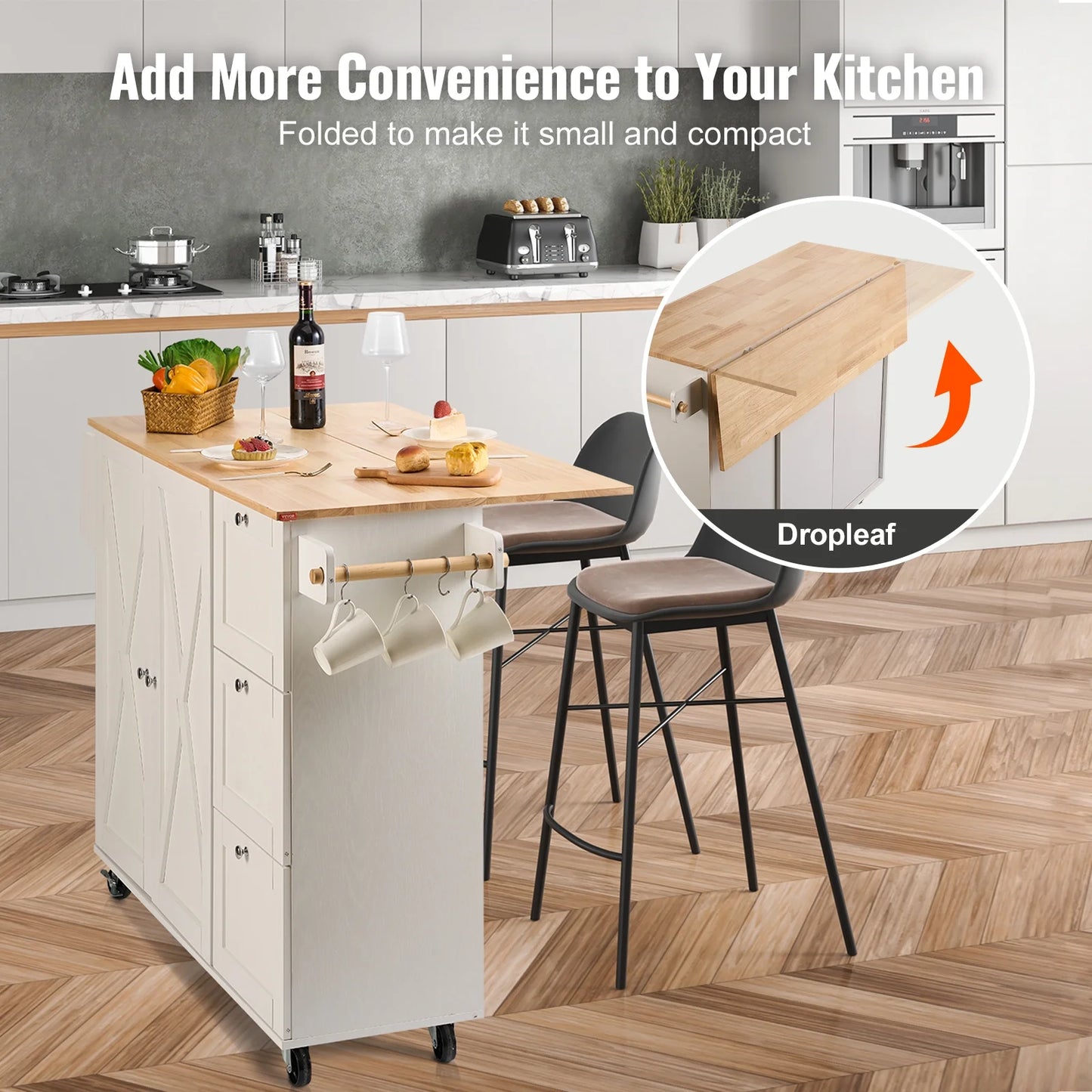 BENTISM 45.3-Inch Multifunctional Kitchen Island with Convenient Drawer and Adjustable Rack in Elegant White Finish