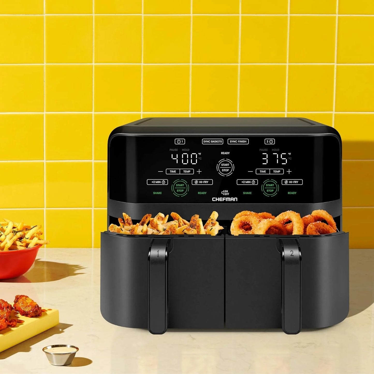 Chefman Dual Basket Air Fryer with Digital Touchscreen, Two Independent 3 Qt Baskets, Sync Finish - Black