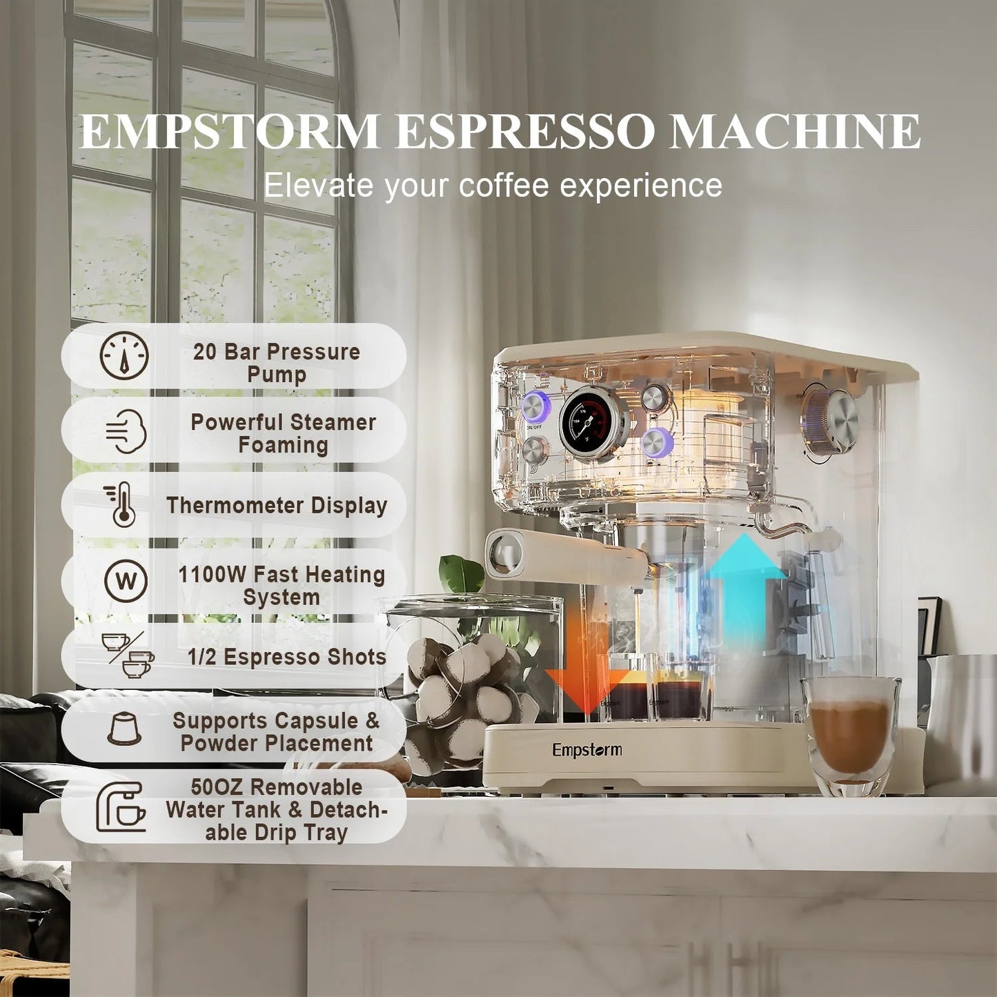 Empstorm 20-Bar Espresso Machine: 2-in-1 Cappuccino Maker with Milk Frother Steam Wand, Compatible with NS Original Capsules for Home and Commercial Use, Beige