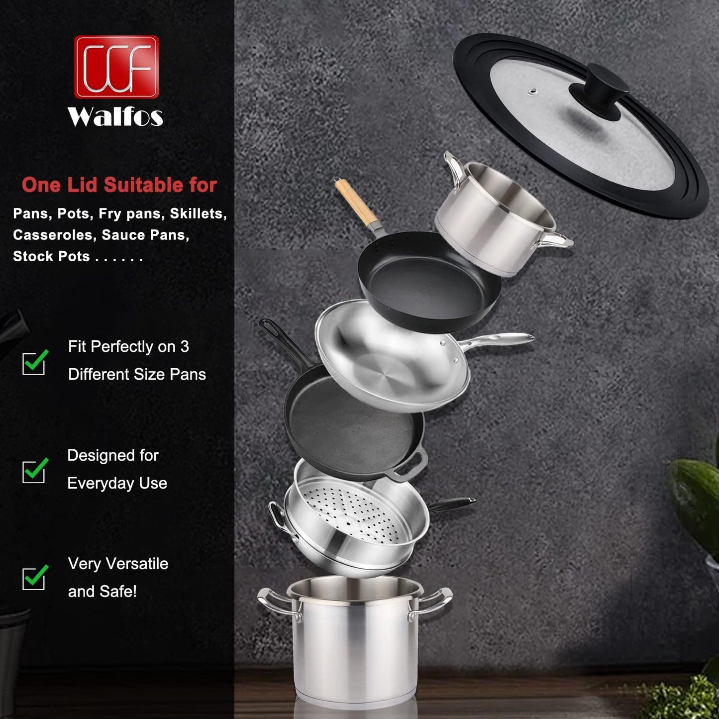 Versatile Universal Lid for Pots, Pans & Skillets - Fits 6.5", 7", & 8" Cookware - Durable Tempered Glass with Heat-Resistant Silicone Rim