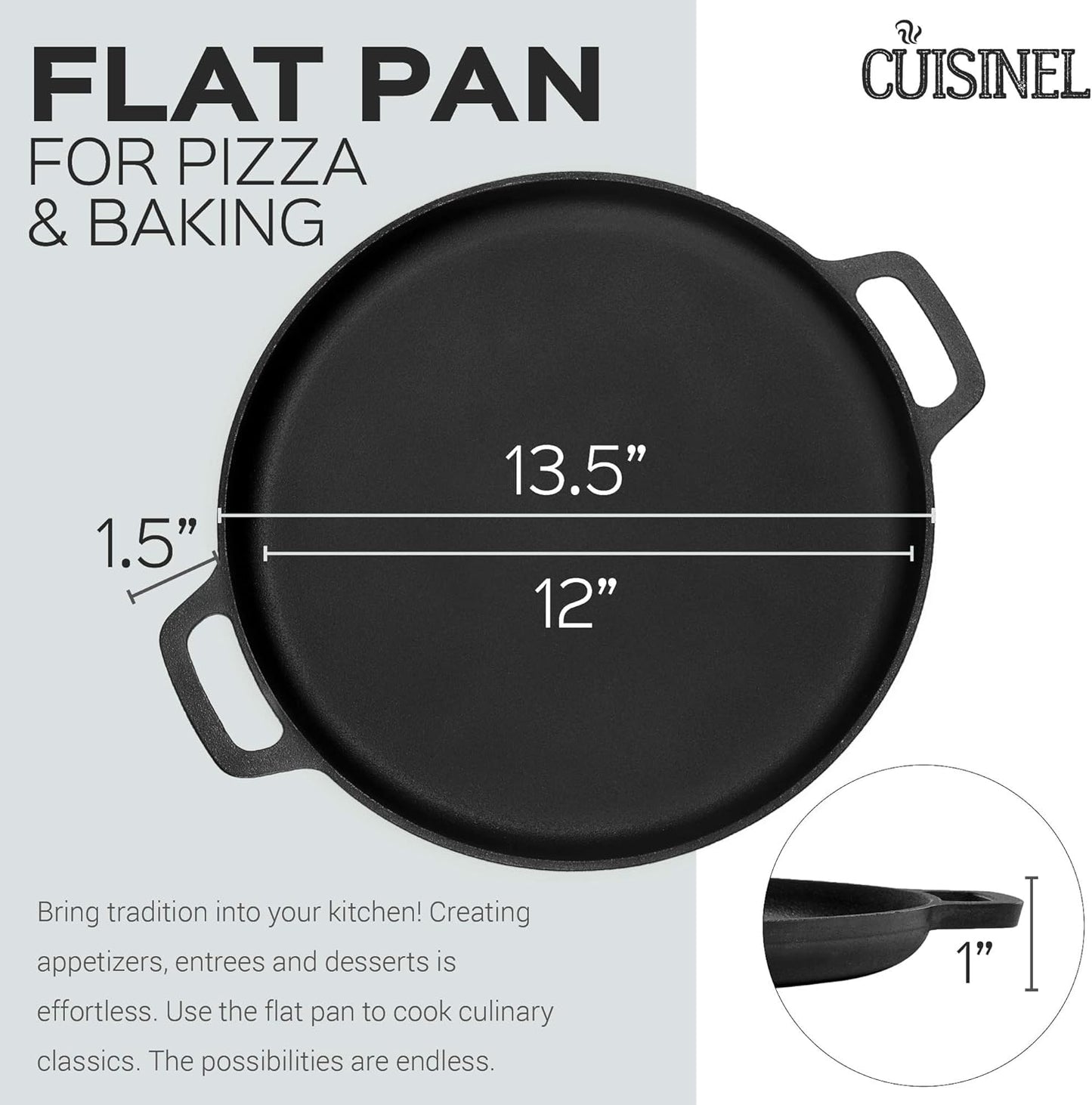 Cuisinel Pre-Seasoned 13.5 Inch Cast Iron Pizza and Baking Pan - Superior Heat Retention and Distribution for Stove, Oven, Grill, or Campfire Use