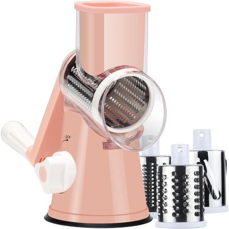 Rotary Cheese Grater with Handle, Manual Speed round Cheese Shredder with Strong Suction Base, Easy to Use Potato Hashbrown Shredder with 3 Replaceable Stainless Steel Drum (Black)