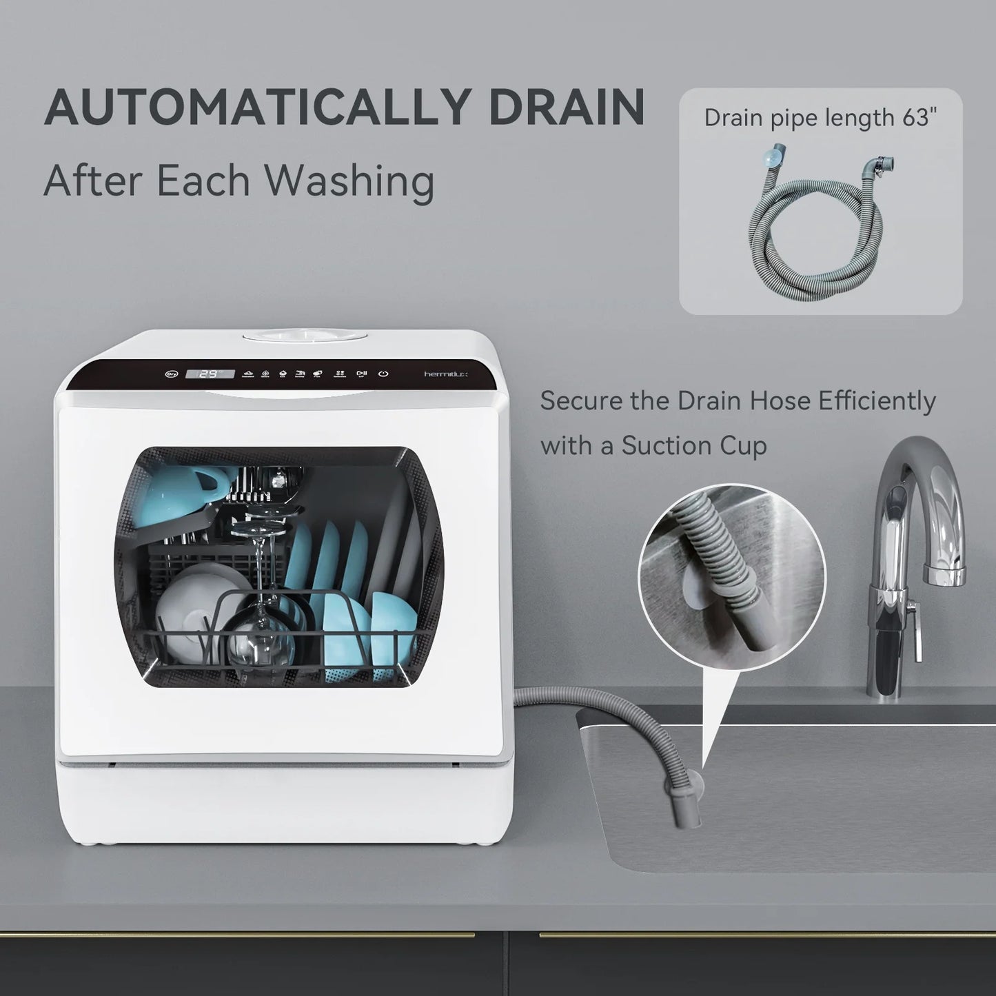 Hermitlux Portable Countertop Dishwasher, 5 Washing Programs, 5L Built-In Water Tank and Air-Dry Function, HMX-DW03