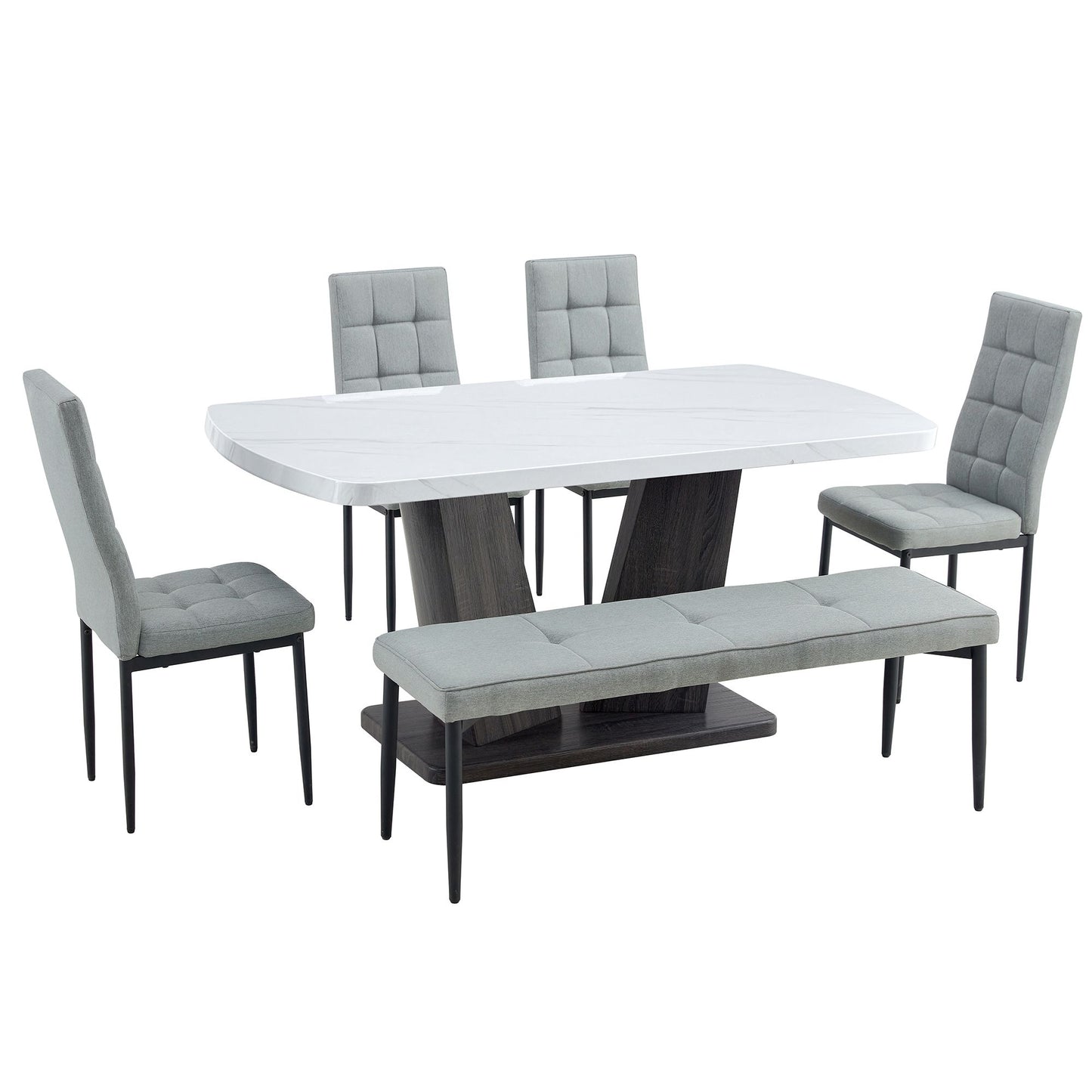 63" Modern Style 6-piece Dining Table with 4 Chairs & 1 Bench, Table with Marbled Veneers Tabletop and V-shaped Table Legs (White)