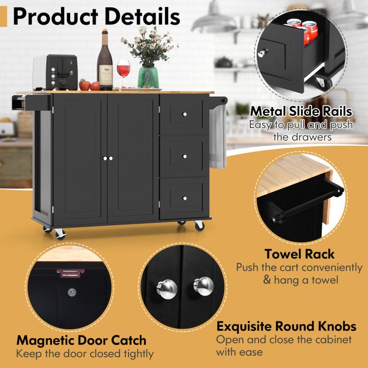 Versatile Rustic Kitchen Cart with Expandable Drop-Leaf Top and Ample Storage Solutions