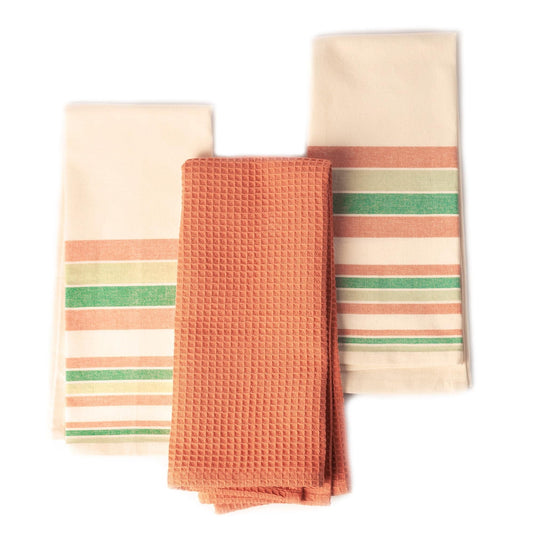 Eco-Friendly Boho Stripe Kitchen Towels Set - 3 Absorbent Recycled Cotton Dish Towels in Fall Colors