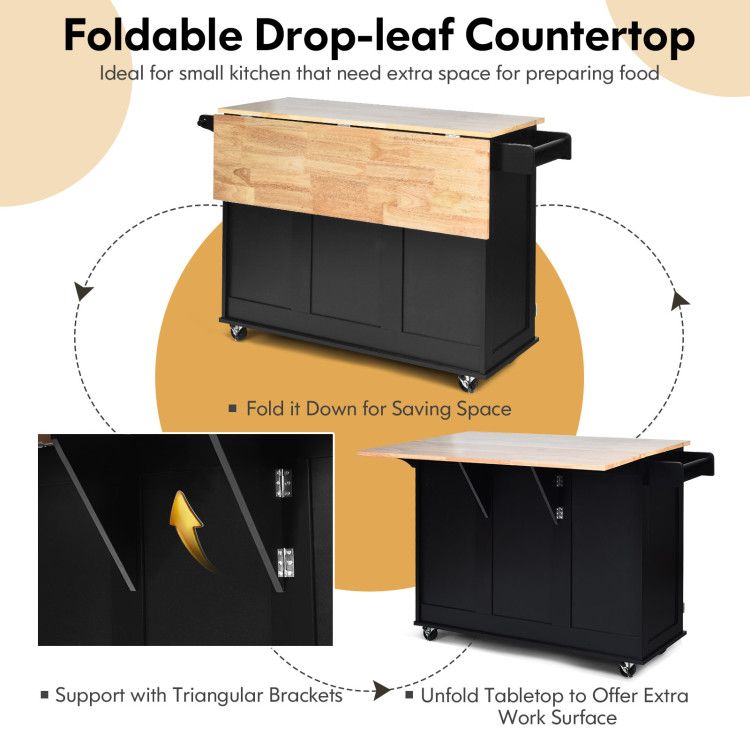 Versatile Rustic Kitchen Cart with Expandable Drop-Leaf Top and Ample Storage Solutions