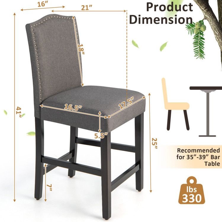 Elegant 25" Upholstered Counter Height Bar Stools - Comfort & Style with Rubber Wood Support (Set of 2)