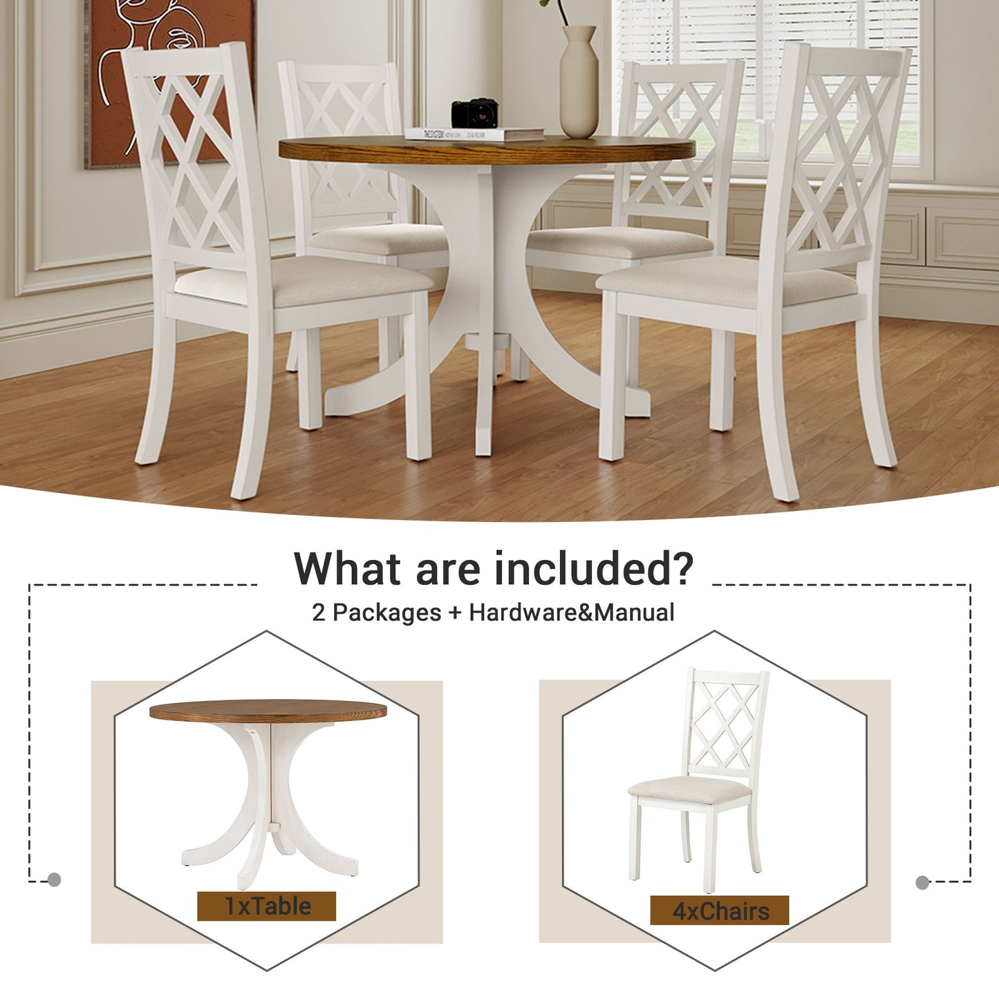 Elegant Walnut Round Dining Set for 4 - Mid-Century Modern with Upholstered Chairs