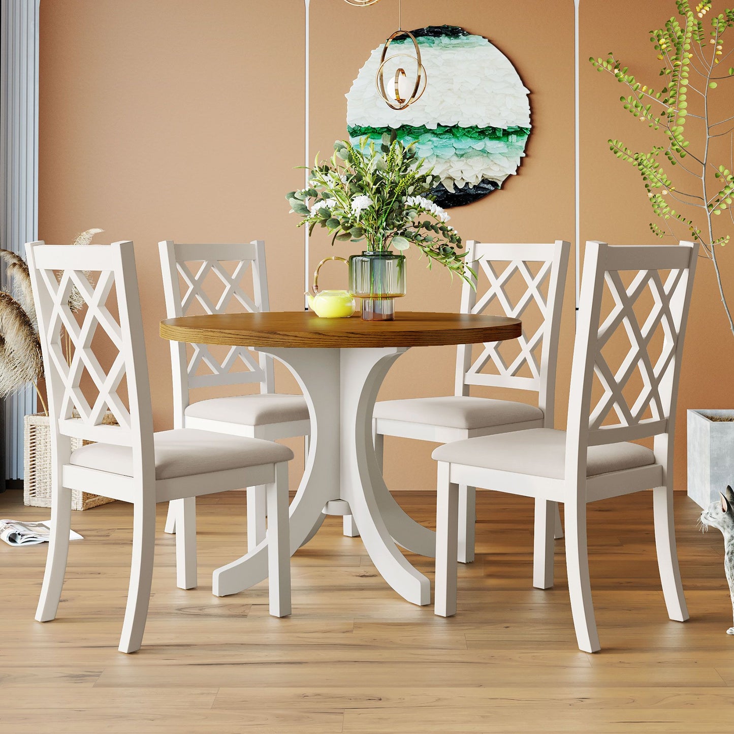 Elegant Walnut Round Dining Set for 4 - Mid-Century Modern with Upholstered Chairs