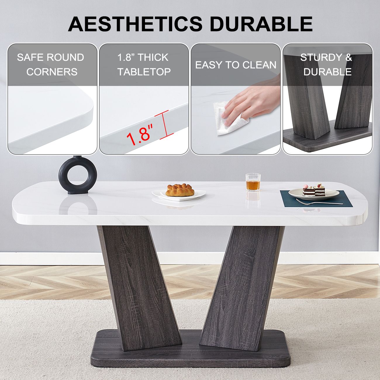 63" Modern Style 6-piece Dining Table with 4 Chairs & 1 Bench, Table with Marbled Veneers Tabletop and V-shaped Table Legs (White)