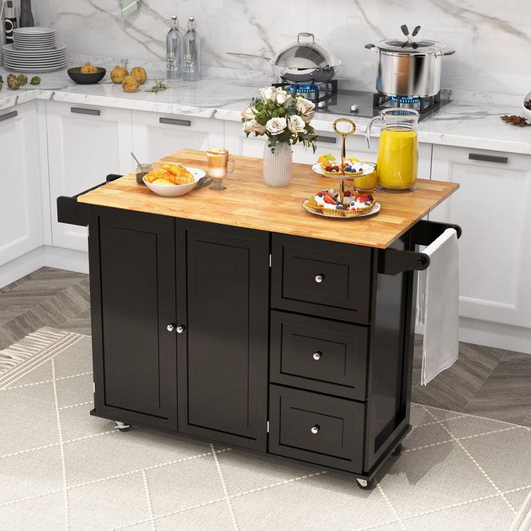 Versatile Rustic Kitchen Cart with Expandable Drop-Leaf Top and Ample Storage Solutions