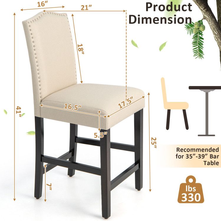 Elegant 25" Upholstered Counter Height Bar Stools - Comfort & Style with Rubber Wood Support (Set of 2)