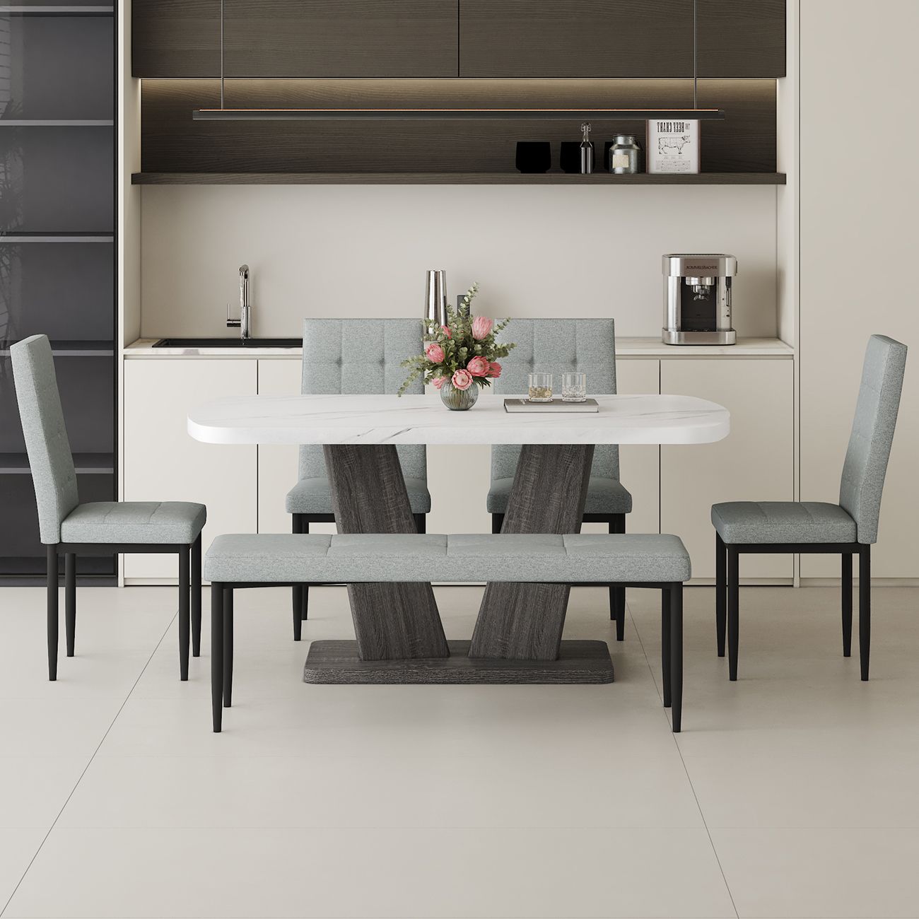 63" Modern Style 6-piece Dining Table with 4 Chairs & 1 Bench, Table with Marbled Veneers Tabletop and V-shaped Table Legs (White)
