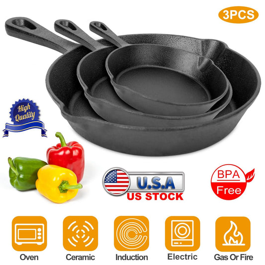 Ultimate 3-Piece Pre-Seasoned Cast Iron Skillet Set – Versatile & Non-Stick Cookware for Every Meal!
