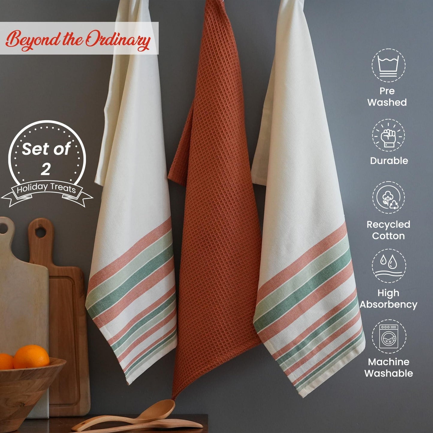 Eco-Chic Decorative Kitchen Towels Set | Absorbent Recycled Cotton | Boho Stripe Design, 3-Pack