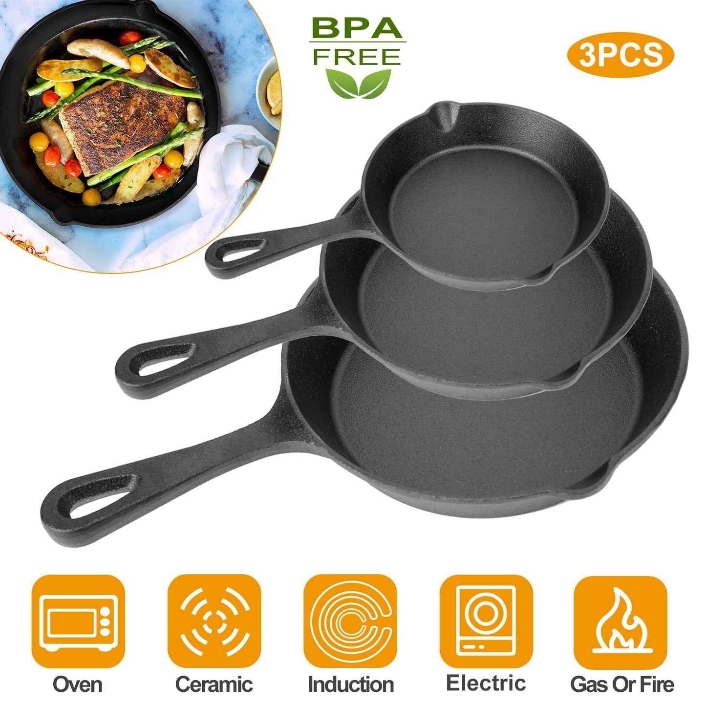 Ultimate 3-Piece Pre-Seasoned Cast Iron Skillet Set – Versatile & Non-Stick Cookware for Every Meal!