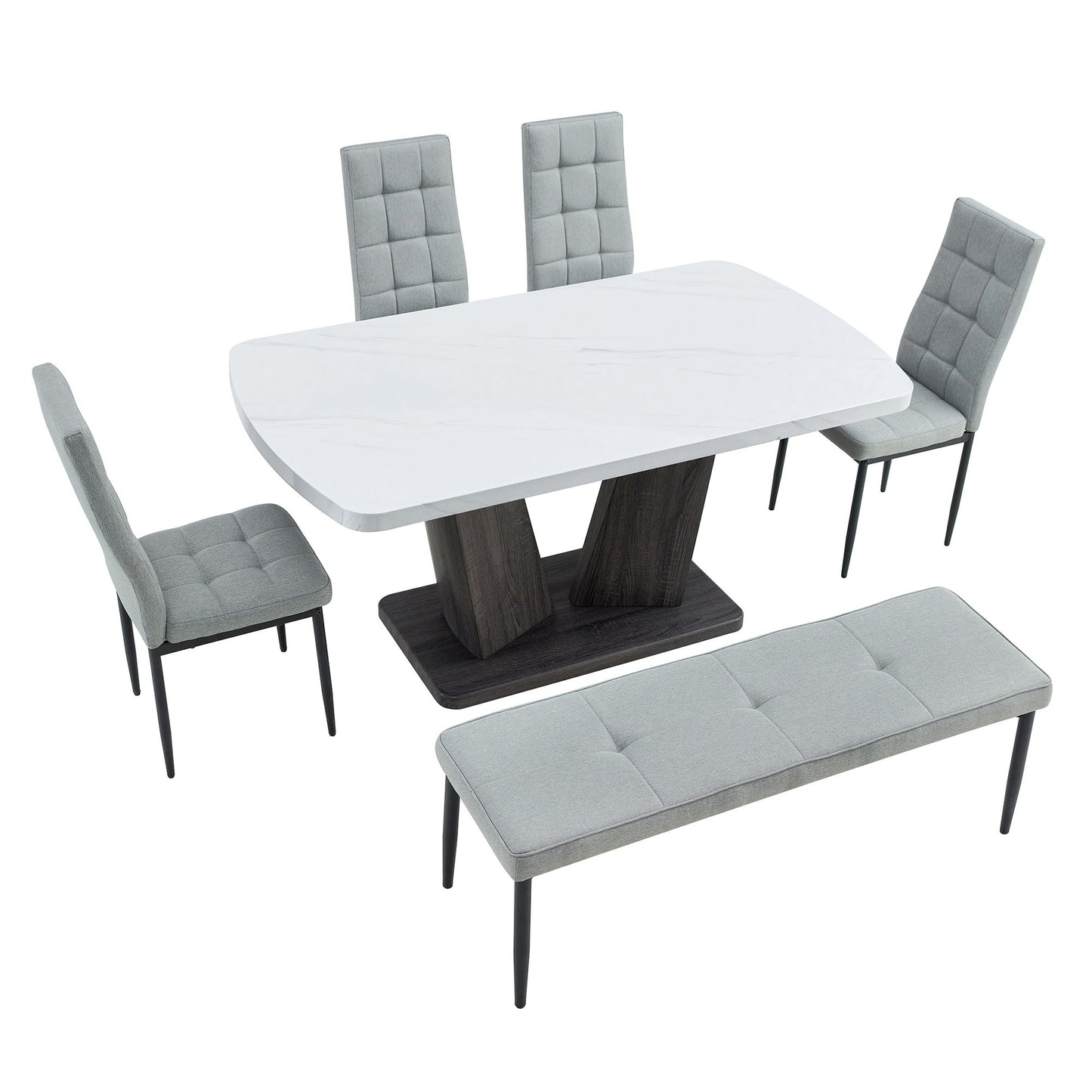 63" Modern Style 6-piece Dining Table with 4 Chairs & 1 Bench, Table with Marbled Veneers Tabletop and V-shaped Table Legs (White)