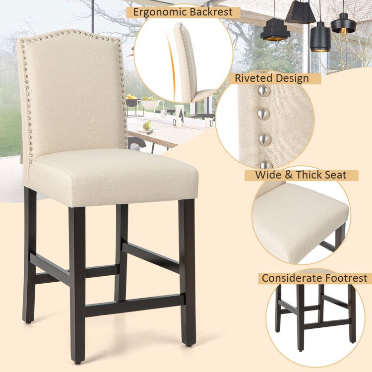 Elegant 25" Upholstered Counter Height Bar Stools - Comfort & Style with Rubber Wood Support (Set of 2)