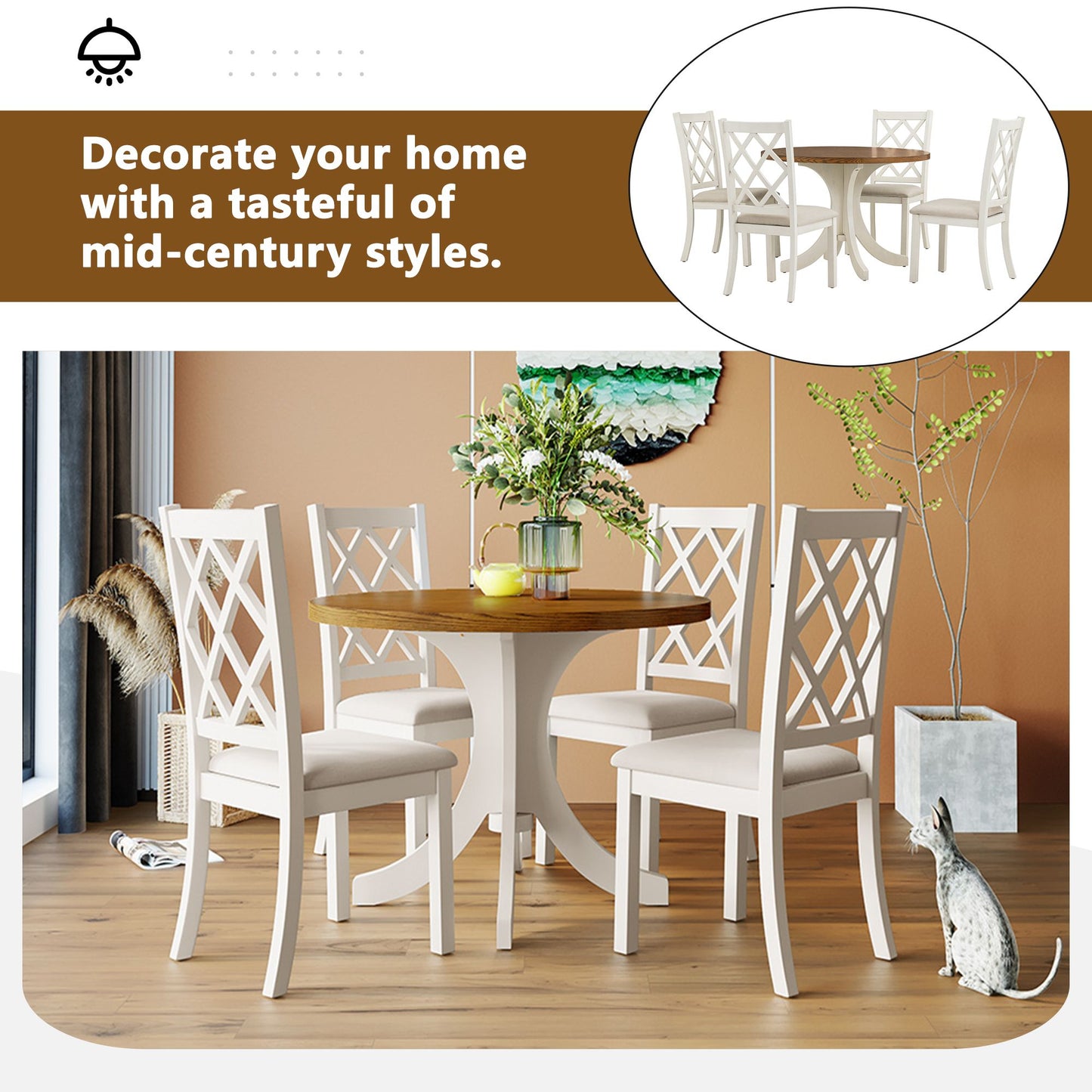 Elegant Walnut Round Dining Set for 4 - Mid-Century Modern with Upholstered Chairs