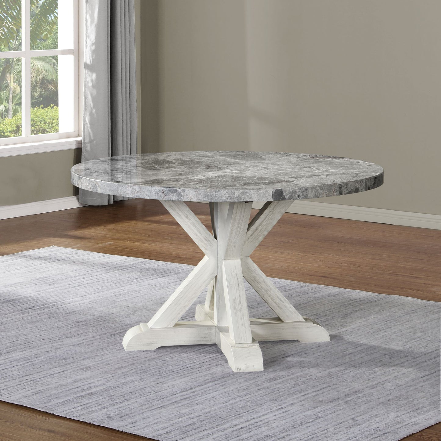 Elegant Dark Gray 5-Piece Round Dining Set with Marble Top and Rustic White Base