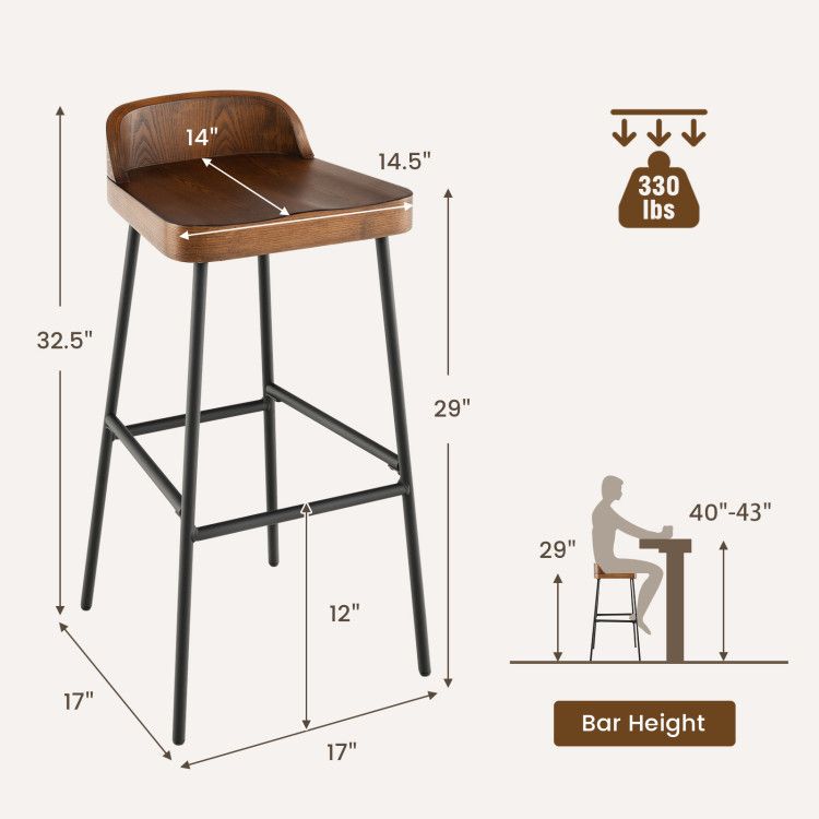 Elegant Industrial Low Back Bar Stools - Set of 2 with Footrests for Ultimate Comfort