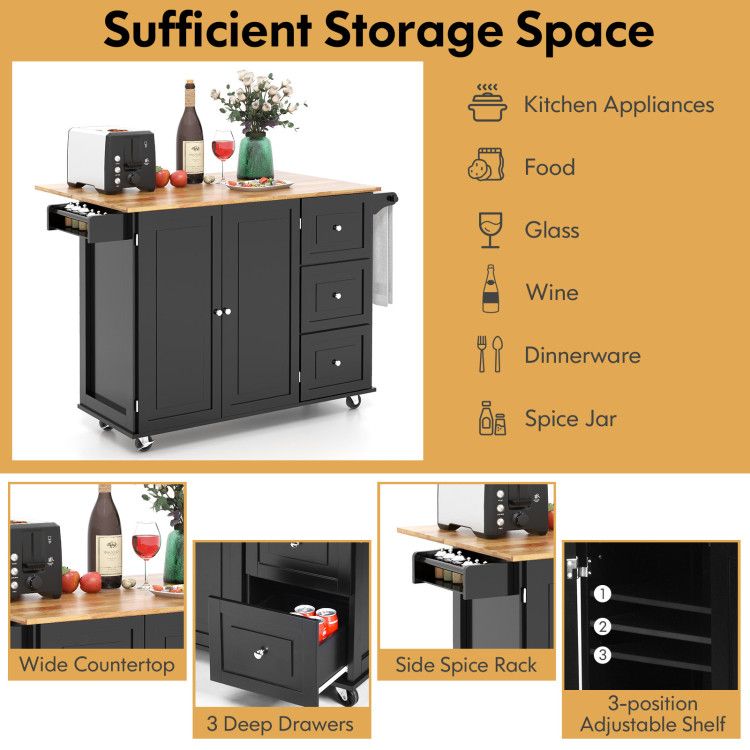 Versatile Rustic Kitchen Cart with Expandable Drop-Leaf Top and Ample Storage Solutions
