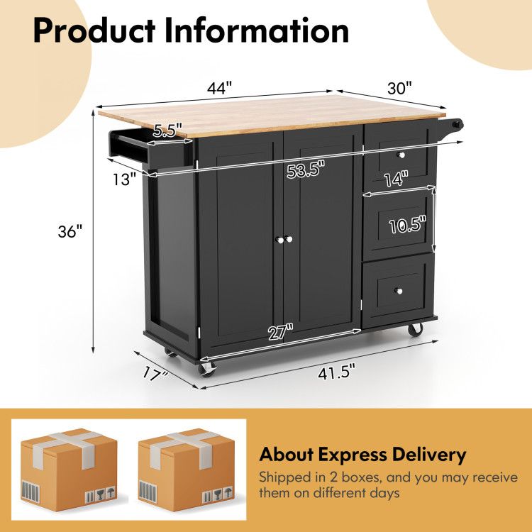 Versatile Rustic Kitchen Cart with Expandable Drop-Leaf Top and Ample Storage Solutions