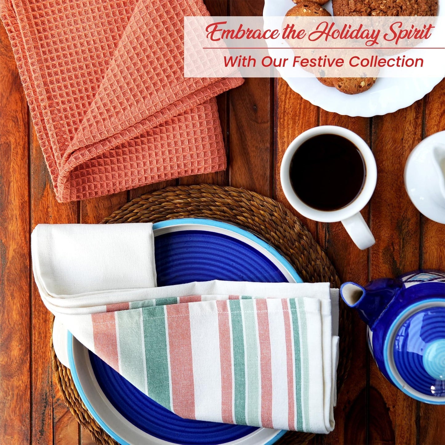 Eco-Friendly Boho Stripe Kitchen Towels Set - 3 Absorbent Recycled Cotton Dish Towels in Fall Colors
