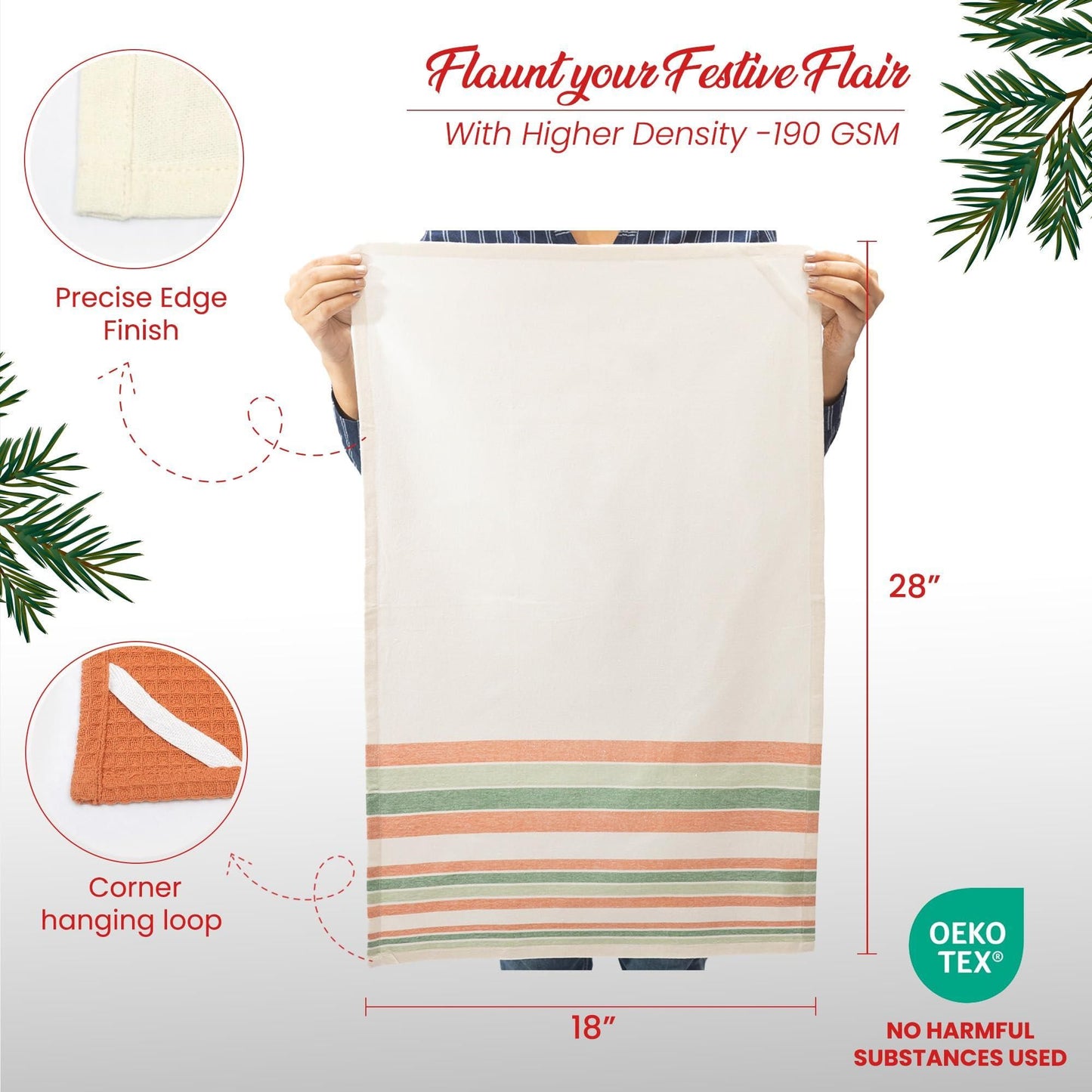 Eco-Chic Decorative Kitchen Towels Set | Absorbent Recycled Cotton | Boho Stripe Design, 3-Pack