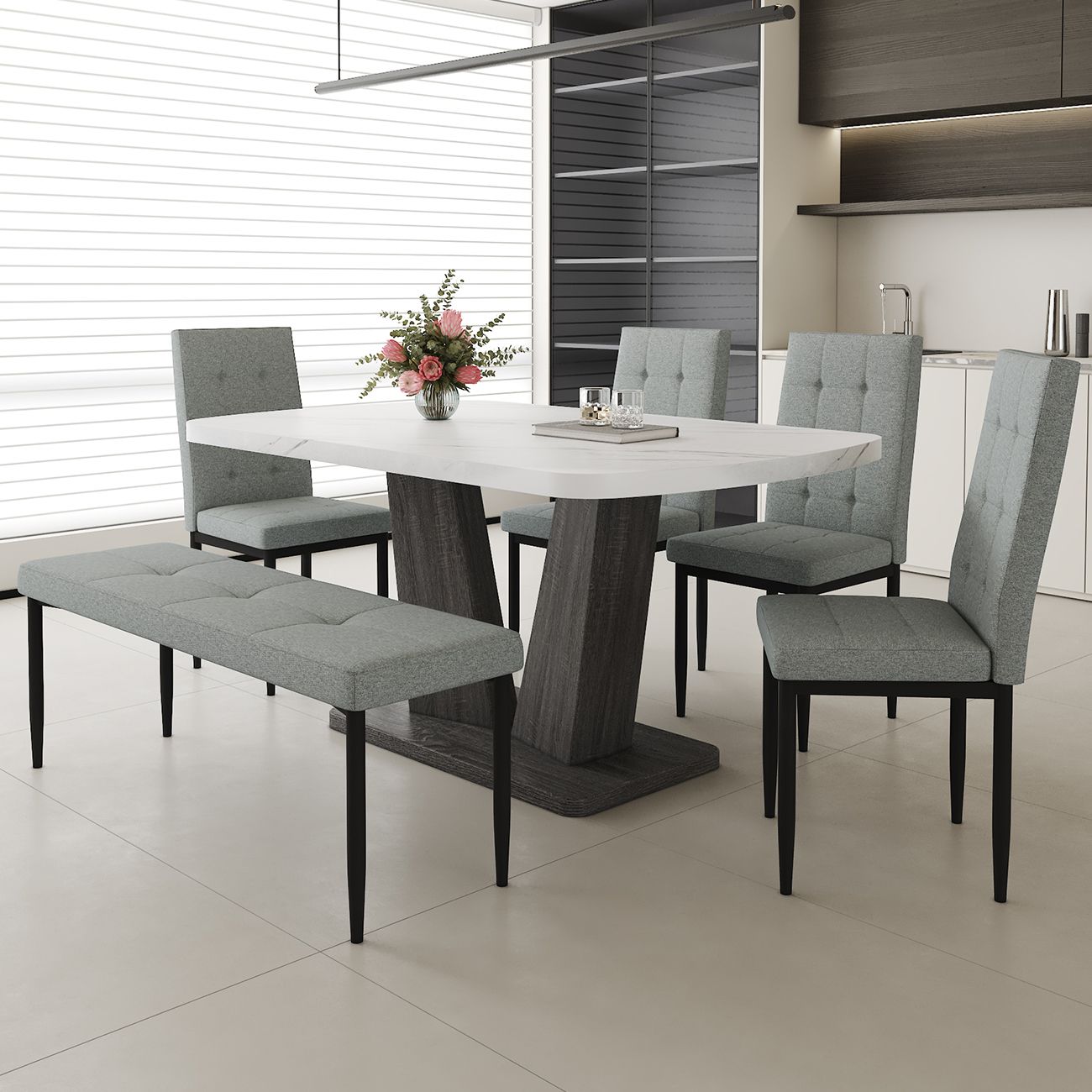 63" Modern Style 6-piece Dining Table with 4 Chairs & 1 Bench, Table with Marbled Veneers Tabletop and V-shaped Table Legs (White)