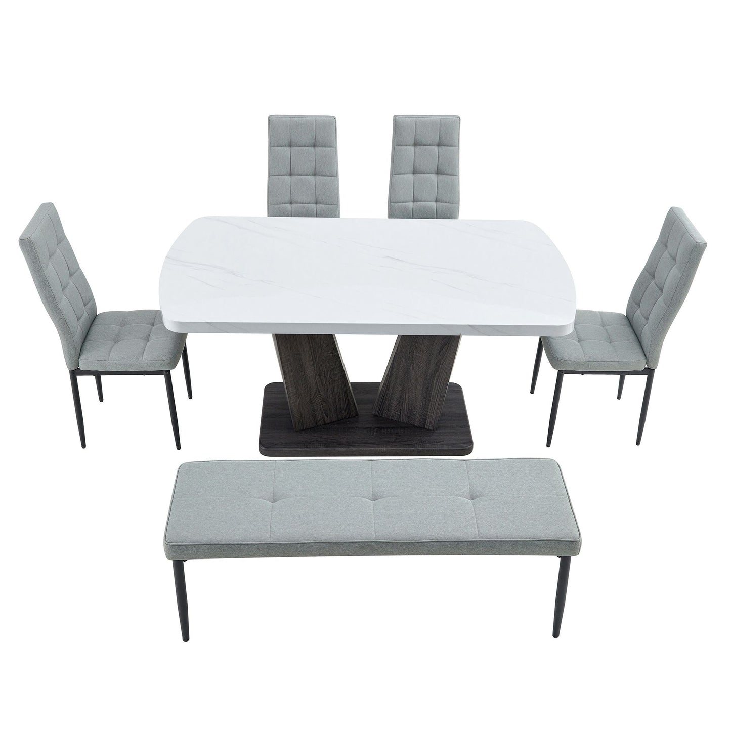 63" Modern Style 6-piece Dining Table with 4 Chairs & 1 Bench, Table with Marbled Veneers Tabletop and V-shaped Table Legs (White)