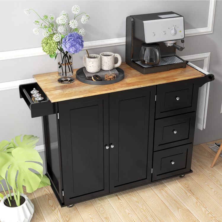 Versatile Rustic Kitchen Cart with Expandable Drop-Leaf Top and Ample Storage Solutions