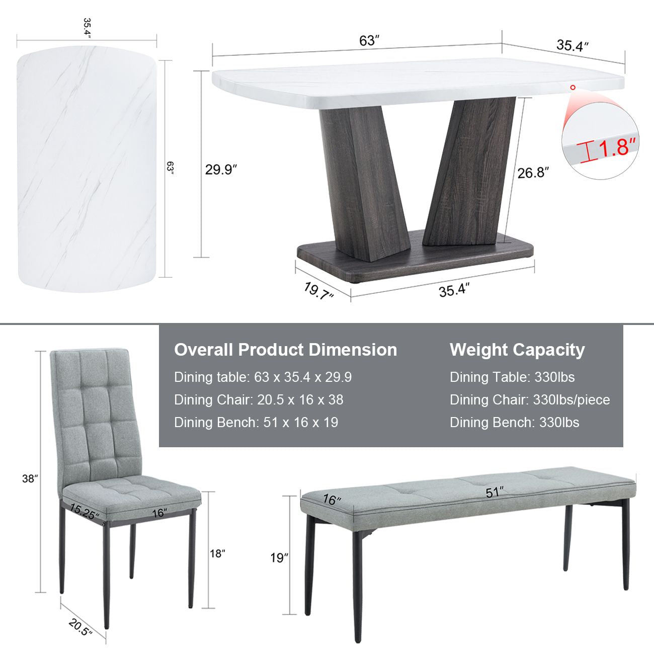 63" Modern Style 6-piece Dining Table with 4 Chairs & 1 Bench, Table with Marbled Veneers Tabletop and V-shaped Table Legs (White)