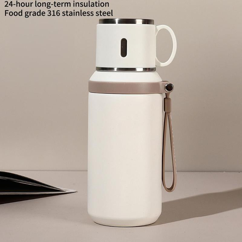 Stainless Steel Vacuum Flask, 1 Count Tea Separation Insulated Bottle with Cup Lid & Rope, Drinking Cup for Outdoor, Cycling, Hiking, Office