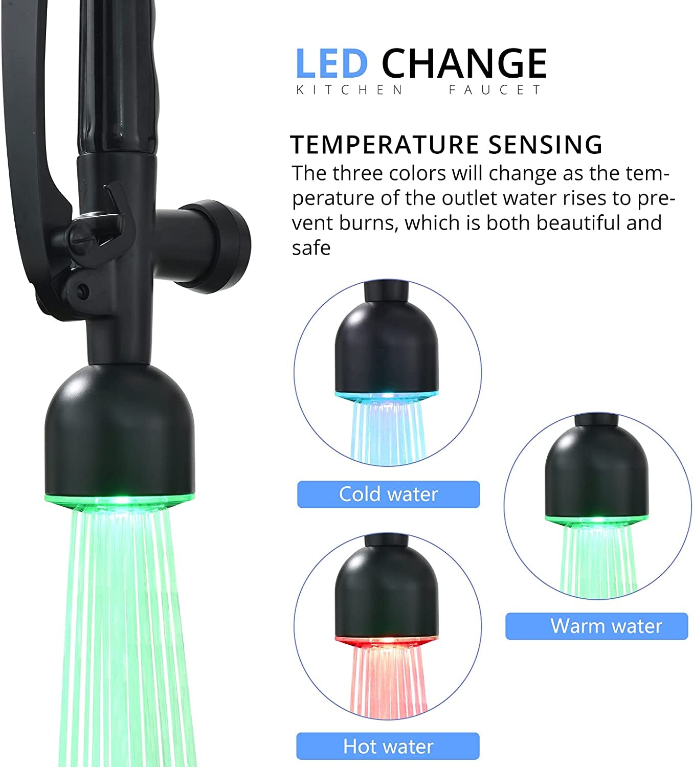 Black Kitchen Faucet with Pull down Sprayer,Commercial LED Kitchen Faucet,Single Handle Single Hole Kitchen Sink Faucet