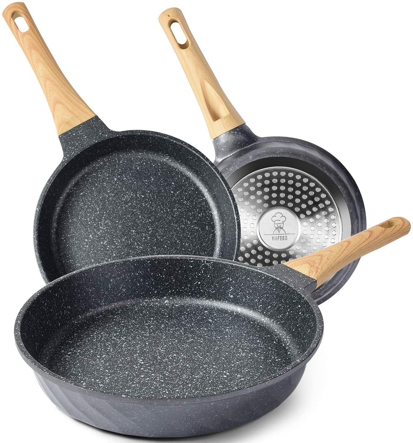 Granite Nonstick Induction Frying Pan Set with Heat-Resistant Handle - Ideal Christmas Gift for Women (8", 9.5", & 11")