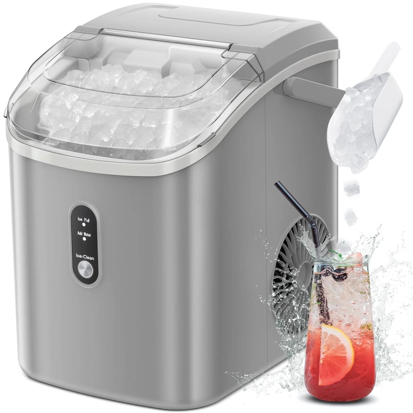 Auseo Countertop Nugget Ice Maker - 35 lbs/24 hrs, Self-Cleaning with Ice Basket, Shovel, and Handle - Ideal for Home, Office, and Parties - Gray