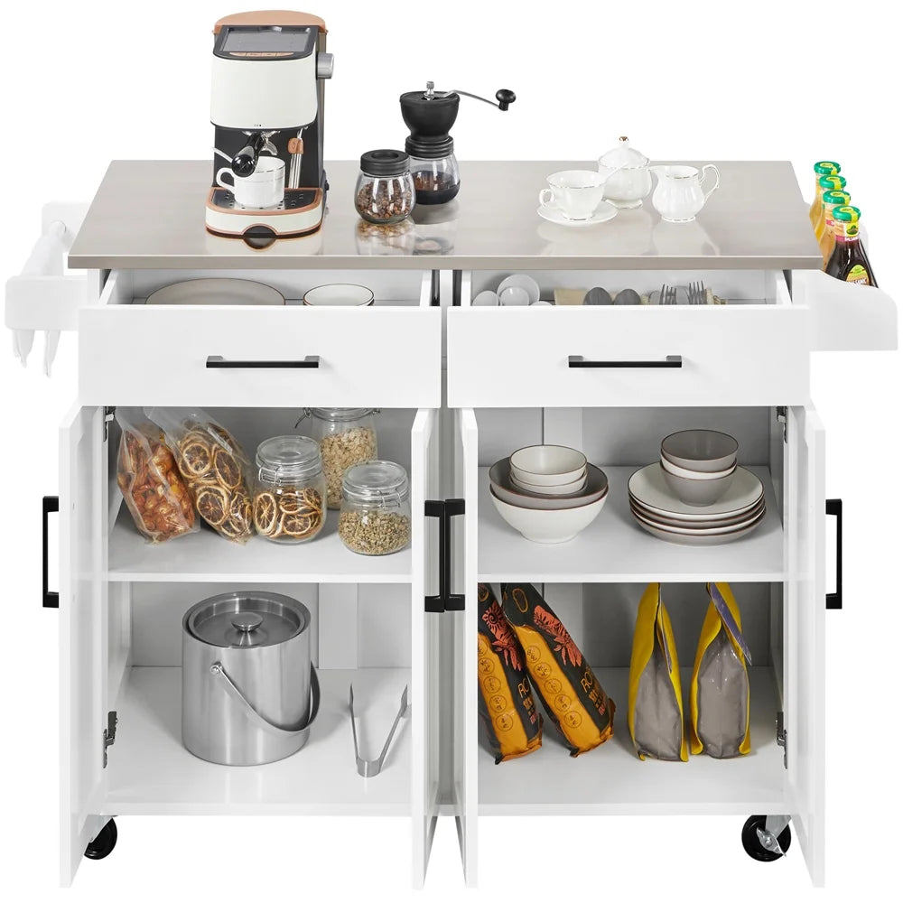 Renwick 42-Inch Mobile Kitchen Island with Storage Drawers and Cabinets in White