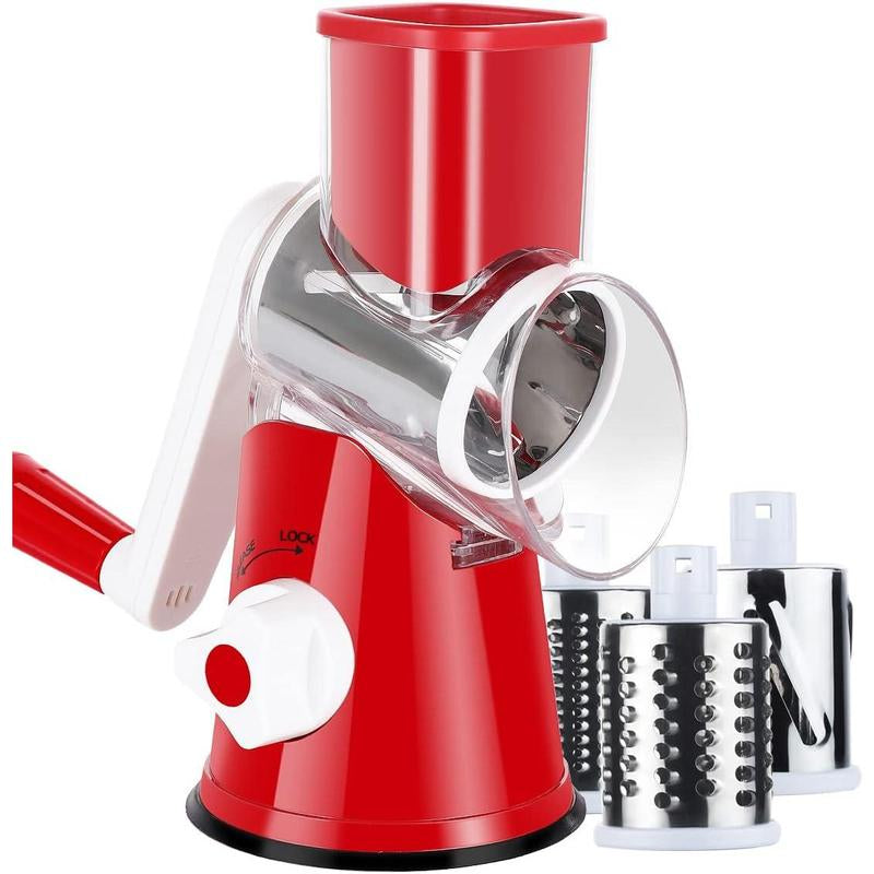 Rotary Cheese Grater with Handle, Manual Speed round Cheese Shredder with Strong Suction Base, Easy to Use Potato Hashbrown Shredder with 3 Replaceable Stainless Steel Drum (Black)