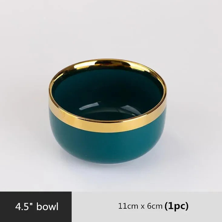 Gilt Rim Green Ceramic Plate Steak Food Plates Bowls Ins Dinner Dish Luxurious Porcelain Dinnerware Set for Family Hotel