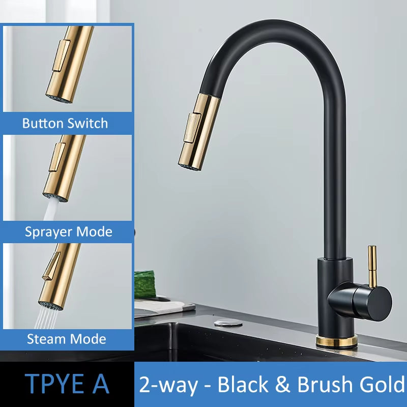 Brushed Gold Kitchen Faucet Pull Out Kitchen Sink Water Tap Single Handle Mixer Tap 360 Rotation Kitchen Shower Faucet