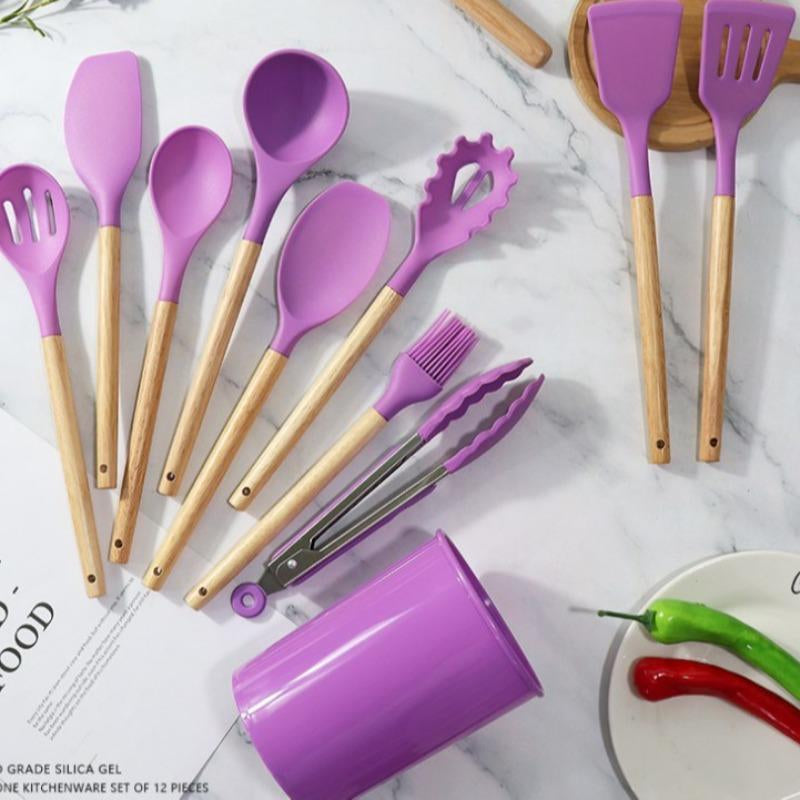 Silicone Kitchen Cooking Utensils Set, 12Pcs/Set Heat Resistant, Tongs, Spatula, Spoon, Brush, Whisk, Wooden Handle Kitchen Gadgets with Holder