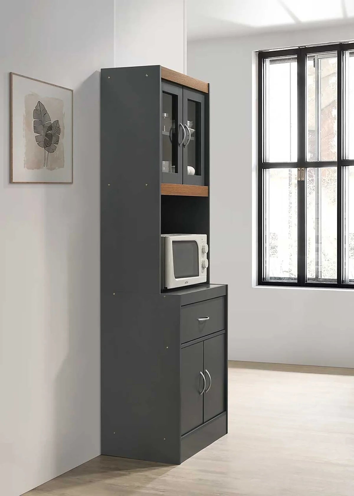 Hodedah Grey-Oak Kitchen Cabinet with One Drawer and Microwave Space