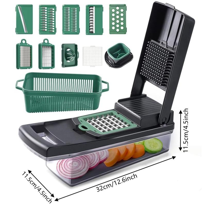 1 Set Vegetable Chopper with Container, Multifunctional 16 in 1 Stainless Steel Manual Vegetable Cutter Slicer for Home Kitchen
