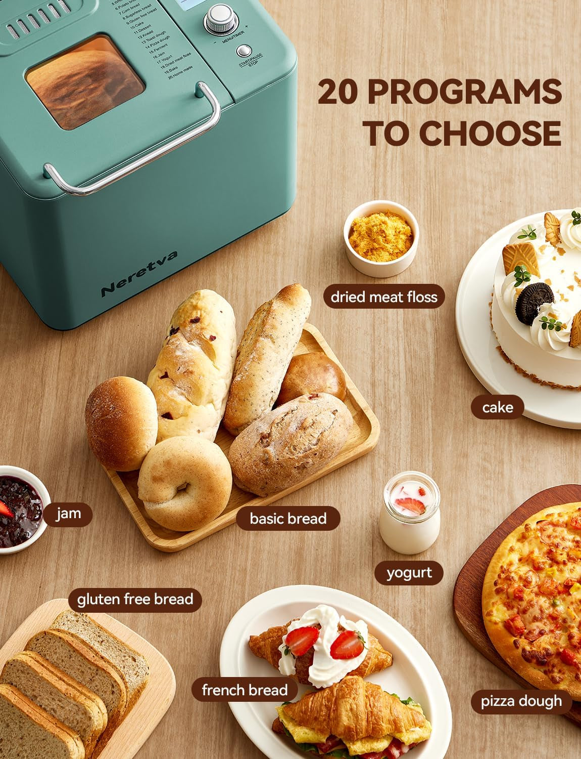 Neretva 20-in-1 Professional Bread Maker with Dual Heater, 2LB Capacity, All-Metal Nonstick Ceramic Pan, Compact Design for Gluten-Free Baking, Dough Preparation, Dried Meat Floss, Jam, and Yogurt - Green