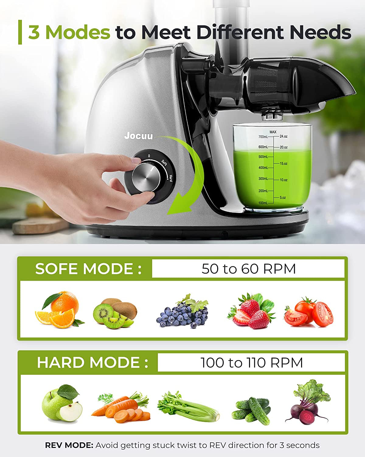 Jocuu Slow Masticating Juicer - High Juice Yield, Easy to Clean, Quiet Operation, with Soft & Hard Modes, Includes Brush & Recipes (Grey)