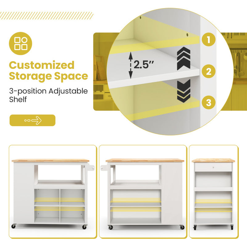 Mobile Kitchen Island Trolley Featuring Open Shelves and Drawer Storage
